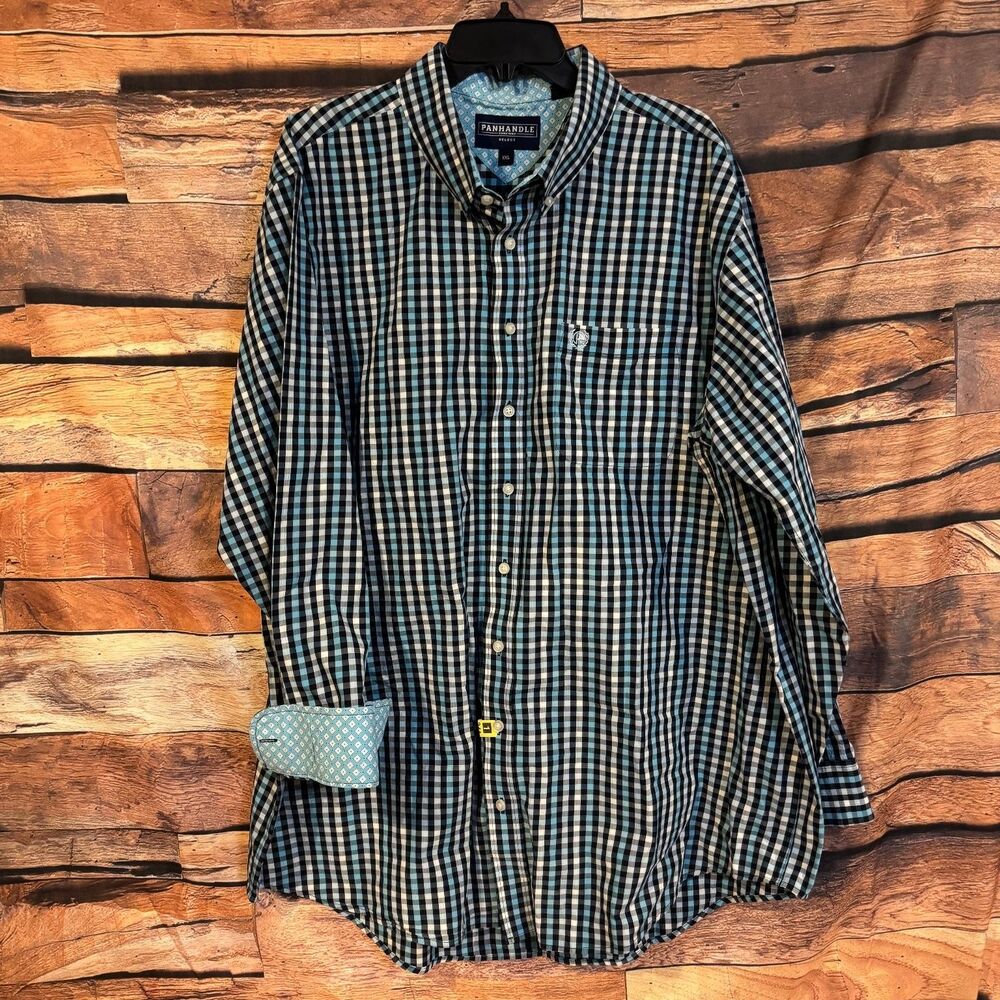 PANHANDLE Men’s Casual Button-Down Shirt Blue White Gingham 2XL Long Sleeve